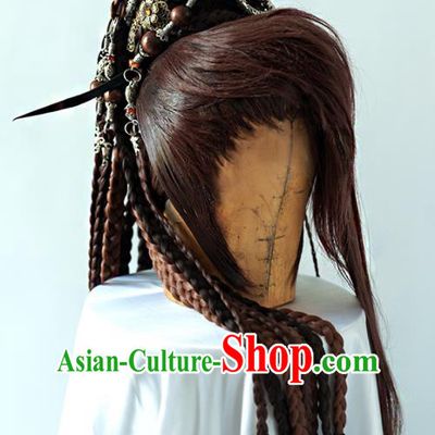 Handmade China Traditional Puppet Show Young Hero Hairpieces Ancient Swordsman Headdress Cosplay Knight Brown Braids Wigs and Hair Crown