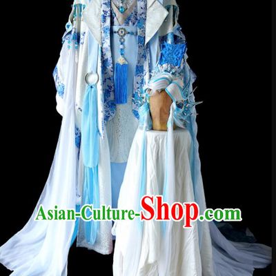 Custom China Cosplay Young General Blue Outfits Puppet Show Dragon King Clothing Ancient Swordsman Garment Costumes and Headdress