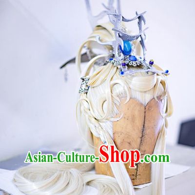 Handmade China Cosplay Taoist Priest White Wigs and Hair Crown Traditional Puppet Show Zuo Wujiu Hairpieces Ancient Swordsman Headdress