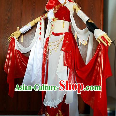 Top Chinese Traditional Game Role Heroine Red Dress Apparels Cosplay Female Warrior Garment Costumes Ancient Swordswoman Clothing