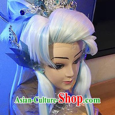 Handmade China Traditional Puppet Show Patriarch Hairpieces Ancient Taoist Master Headdress Cosplay Swordsman White Wigs and Hair Crown
