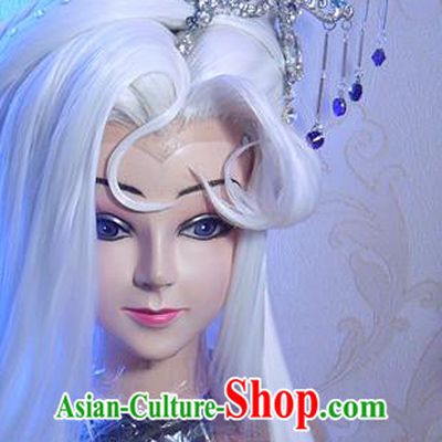 Chinese Ancient Queen White Wigs and Hair Crown Headwear Traditional Puppet Show Ji Wuxia Hairpieces Cosplay Fairy Hair Accessories