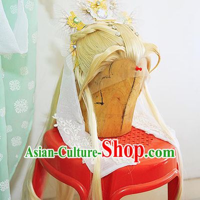 Chinese Ancient Female Swordsman Golden Wigs and Hairpins Headwear Traditional Hanfu Hairpieces Cosplay Goddess Queen Hair Accessories