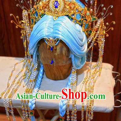 Chinese Ancient Princess Blue Wigs and Hair Crown Headwear Traditional Puppet Show Goddess Hairpieces Cosplay Noble Infanta Hair Accessories