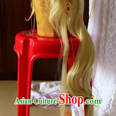 Chinese Traditional Puppet Show Swordswoman Hairpieces Cosplay Female Knight Hair Accessories Ancient Princess Golden Wigs Headwear