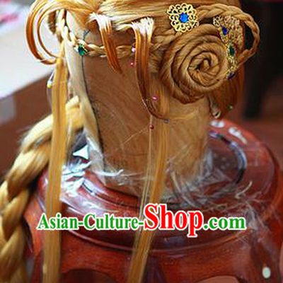 Chinese Traditional Puppet Show Fairy Xiang Ling Hairpieces Cosplay Princess Hair Accessories Ancient Swordswoman Golden Wigs Headwear
