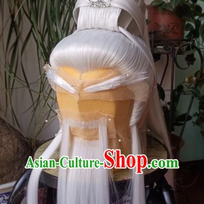 Handmade China Traditional Puppet Show Swordsman Hairpieces Ancient Taoist Priest Headdress Cosplay Elderly Male White Wigs and Beard