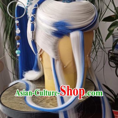 Handmade China Cosplay Heaven King Wigs and Hair Crown Traditional Puppet Show Swordsman Hairpieces Ancient Taoist Priest Headdress