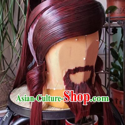 Handmade China Ancient Patriarch Headdress Cosplay Swordsman Red Wigs and Beard Traditional Puppet Show Sword Master Hairpieces