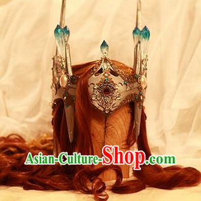 Handmade China Cosplay Demon King Red Wigs and Hair Crown Traditional Puppet Show General Hairpieces Ancient Royal Prince Headdress
