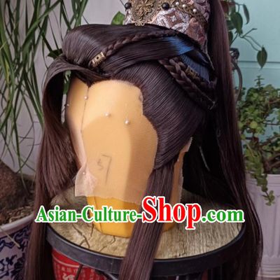Handmade China Ancient Noble Childe Headdress Cosplay Swordsman Brown Wigs and Hairdo Crown Traditional Puppet Show Qi Hanyu Hairpieces
