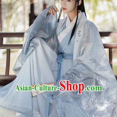China Jin Dynasty Noble Childe Historical Clothing Traditional Embroidered Blue Hanfu Apparels Ancient Swordsman Garment Costumes