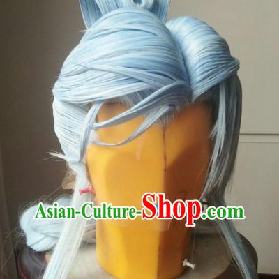 Chinese Ancient Swordsman Periwig Hair Accessories Puppet Show Headdress Traditional Handmade Cosplay Knight Blue Wigs Hairpieces