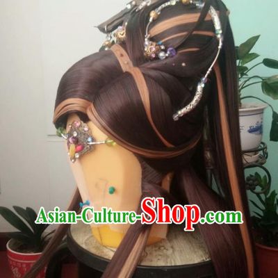 Chinese Puppet Show Young Childe Headdress Traditional Handmade Cosplay Swordsman Brown Wigs Hairpieces Ancient Royal Prince Periwig Hair Accessories