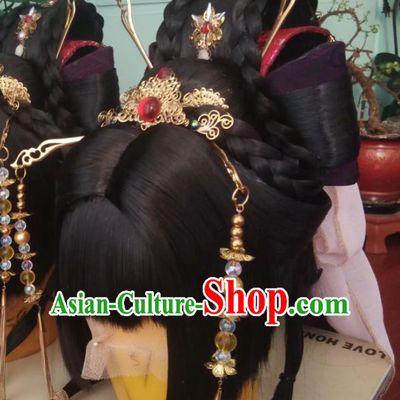 China Ancient Fairy Wigs and Hair Crown Traditional Puppet Show Feng Cailing Hair Accessories Cosplay Palace Princess Hairpieces