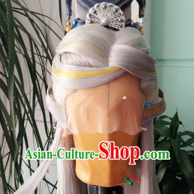 Chinese Traditional Cosplay Taoist Priest Gray Wigs and Hairdo Crown Hairpieces Ancient Patriarch Periwig Hair Accessories Handmade Puppet Show Headdress