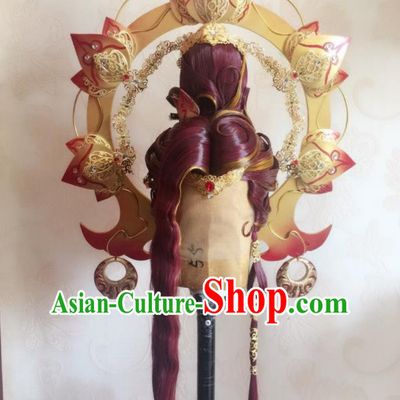 China Traditional Puppet Show Goddess Hair Accessories Cosplay Queen Hairpieces Ancient Empress Red Wigs and Hair Crown