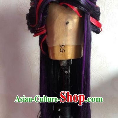 Chinese Traditional Cosplay Demon Prince Purple Wigs and Hair Crown Hairpieces Ancient Young Male Periwig Hair Accessories Handmade Puppet Show Swordsman Headdress