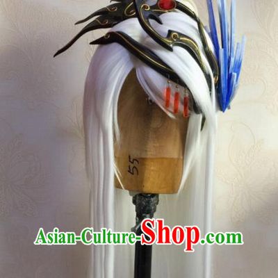 Chinese Ancient Emperor Periwig Hair Accessories Handmade Puppet Show Swordsman Headdress Traditional Cosplay Taoist Priest White Wigs and Hair Crown Hairpieces