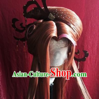 China Traditional Puppet Show Bu Xiangchen Hair Accessories Cosplay Goddess Queen Hairpieces Ancient Empress Orange Wigs and Hair Crown