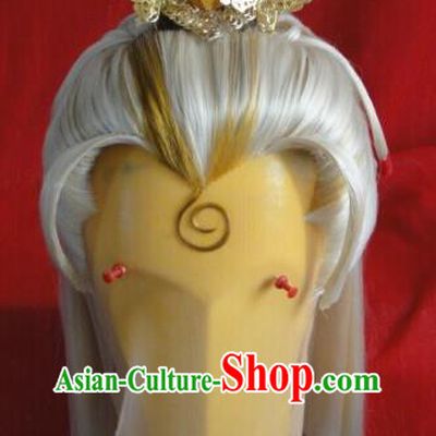 Chinese Traditional Cosplay Prince Golden Wigs Hairpieces Ancient Emperor Periwig Hair Accessories Handmade Puppet Show Feng Piaopiao Headdress