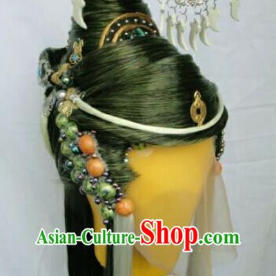 Chinese Handmade Puppet Show Headdress Traditional Cosplay Demon King Green Wigs Hairpieces Ancient Swordsman Periwig Hair Accessories