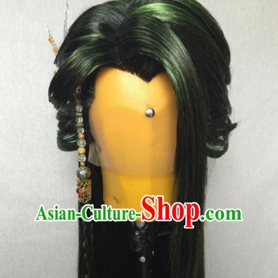 Chinese Handmade Puppet Show Swordsman Headdress Traditional Cosplay Demon Prince Green Wigs Hairpieces Ancient Young Hero Periwig Hair Accessories