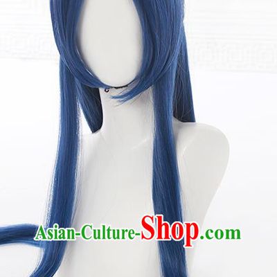 Chinese Traditional Young Knight Blue Wigs Hairpieces Ancient Swordsman Periwig Hair Accessories Handmade Cosplay Hero Headdress