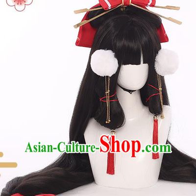 Handmade Traditional Game Young Lady Hair Accessories Cosplay Fairy Hairpieces Snow Woman Black Wigs