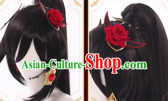 Handmade Traditional Game Princess Hair Accessories Cosplay Fairy Hairpieces Demon Woman Black Wigs Handmade Traditional Game Princess Hair Accessories Cosplay Fairy Hairpieces Demon Woman Black Wigs