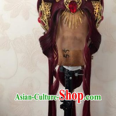 China Cosplay Queen Hairpieces Ancient Empress Red Wigs and Hair Crown Traditional Puppet Show Goddess Hair Accessories