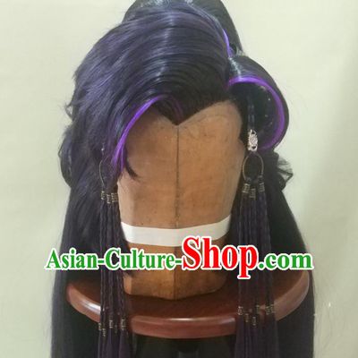 Chinese Ancient Royal Prince Periwig Hair Accessories Handmade Cosplay Swordsman Headdress Traditional Puppet Show Purple Wigs Hairpieces