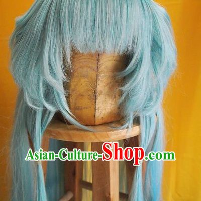 China Ancient Young Lady Blue Wigs Headdress Traditional Puppet Show Yue Sheng Hair Accessories Cosplay Maidservant Hairpieces