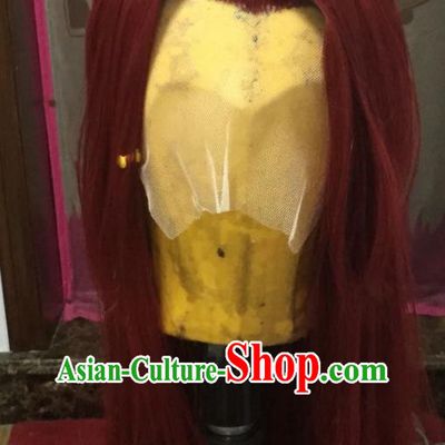 Chinese Traditional Puppet Show Rong Tian Red Wigs Hairpieces Ancient Young Hero Periwig Hair Accessories Handmade Cosplay Swordsman Headdress