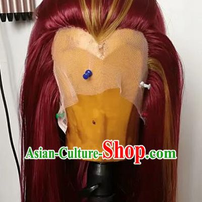 China Traditional Puppet Show Swordswoman Hair Accessories Cosplay Goddess Hairpieces Ancient Female Knight Red Wigs Headdress