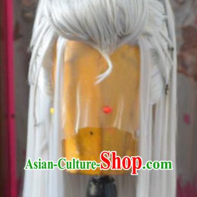 Chinese Handmade Cosplay Swordsman Headdress Traditional Puppet Show Gray Wigs Hairpieces Ancient Patriarch Periwig Hair Accessories