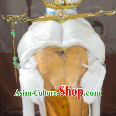 Chinese Traditional Puppet Show Emperor White Wigs Hairpieces Ancient Immortal Periwig Hair Accessories Handmade Cosplay Taoist Priest Headdress