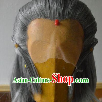 Chinese Handmade Cosplay Elderly Male Headdress Traditional Puppet Show Master Grey Wigs Hairpieces Ancient Swordsman Periwig Hair Accessories