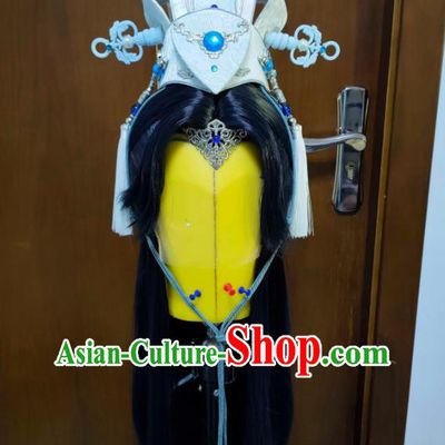 Chinese Handmade Cosplay Taoist Priest Headdress Traditional Puppet Show Swordsman Hairdo Crown Ancient Prince Hair Accessories