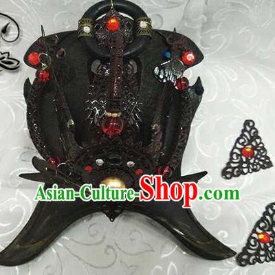 Chinese Handmade Cosplay Swordsman Headpieces Traditional Puppet Show Shangguan Hongxin Hairdo Crown Ancient Royal King Hair Accessories