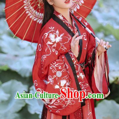 China Ancient Princess Garment Costumes Jin Dynasty Palace Beauty Red Hanfu Dress Apparels Traditional Wedding Historical Clothing