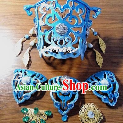 Chinese Ancient Young Childe Hair Accessories Handmade Cosplay Swordsman Headpieces Traditional Puppet Show Prince Blue Hairdo Crown