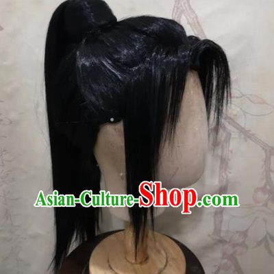 Chinese Qin Dynasty Young Hero Black Wigs Headdress Ancient Knight Hair Accessories Handmade Cosplay Swordsman Hairpieces