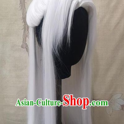 Chinese Handmade Cosplay Swordsman Hairpieces Traditional Hanfu White Wigs Headdress Ancient Young Childe Hair Accessories