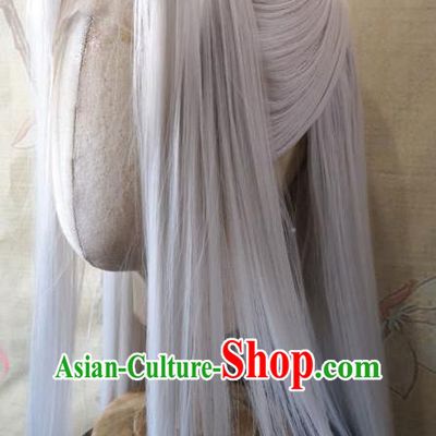 Chinese Traditional Hanfu Handmade Gray Front Lace Wigs Headdress Ancient Noble Childe Hair Accessories Cosplay Swordsman Hairpieces
