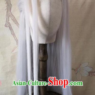 Chinese Ancient Taoist Priest Hair Accessories Cosplay Swordsman Hairpieces Traditional Gray Handmade Front Lace Wigs Headdress