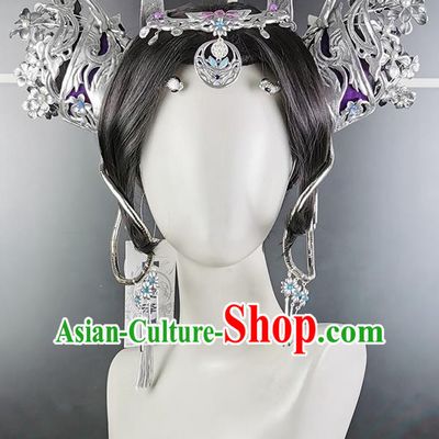 China Cosplay Fairy Wigs and Hair Crown Headwear Ancient Young Lady Hairpieces Traditional Game Role Female Hair Accessories