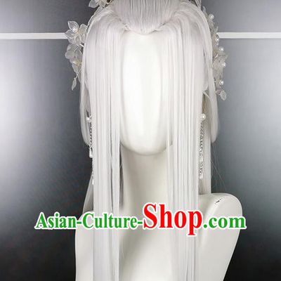 China Ancient Young Beauty Hairpieces Traditional Game Role Swordswoman Hair Accessories Cosplay Female Knight White Wigs and Hair Crown Headwear