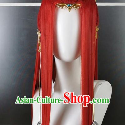 Chinese Traditional JX Online Childe Red Wigs and Hairdo Crown Headdress Ancient Prince Hair Accessories Cosplay Swordsman Hairpieces