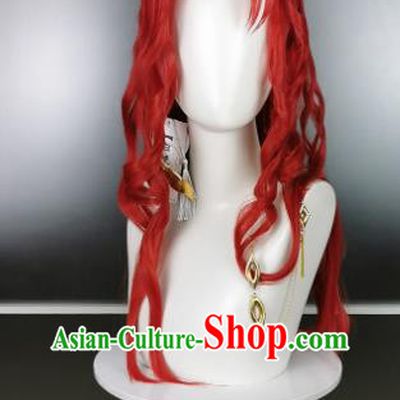 China Traditional Game Role Princess Hair Accessories Cosplay Swordswoman Red Wigs and Hair Crown Headwear Ancient Young Beauty Hairpieces